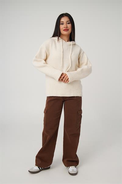 Kapüşonlu Bej Triko Sweatshirt Kazak