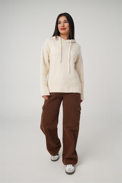 Kapüşonlu Bej Triko Sweatshirt Kazak
