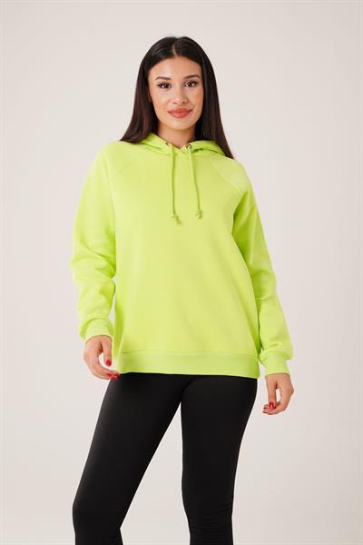 Kapüşonlu Bağcık Detaylı Neon Yeşili Sweatshirt