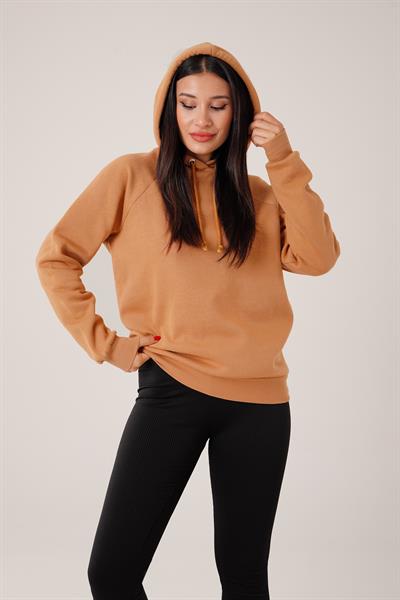 Kapüşonlu Bağcık Detaylı Camel Sweatshirt