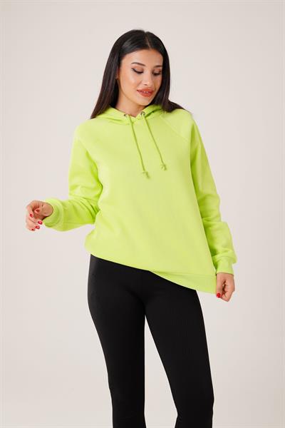 Kapüşonlu Bağcık Detaylı Neon Yeşili Sweatshirt