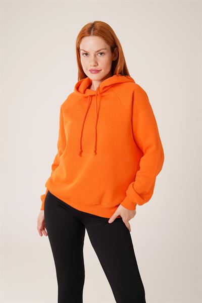 Kapüşonlu Bağcık Detaylı Oranj Sweatshirt