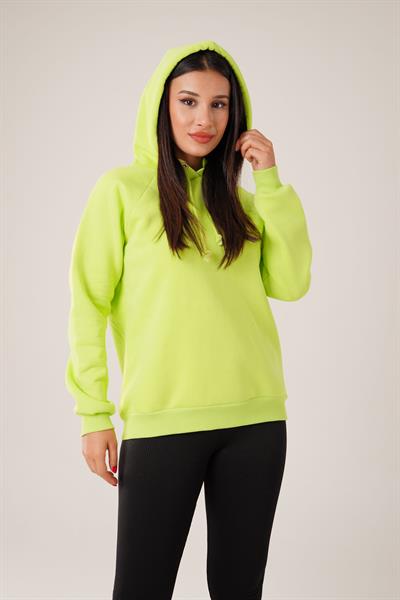Kapüşonlu Bağcık Detaylı Neon Yeşili Sweatshirt
