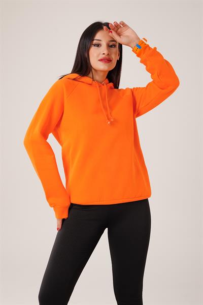 Kapüşonlu Bağcık Detaylı Oranj Sweatshirt