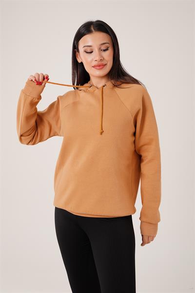 Kapüşonlu Bağcık Detaylı Camel Sweatshirt