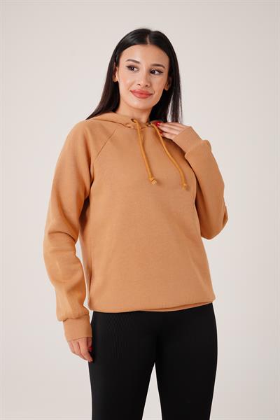 Kapüşonlu Bağcık Detaylı Camel Sweatshirt