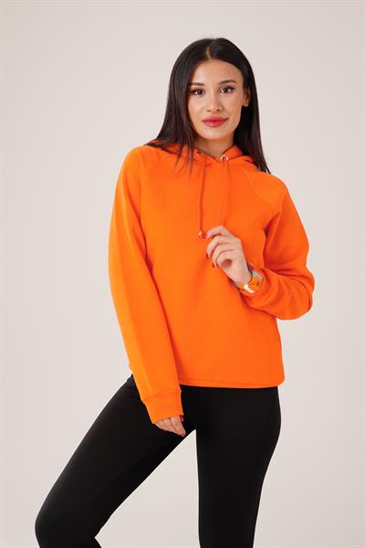 Kapüşonlu Bağcık Detaylı Oranj Sweatshirt