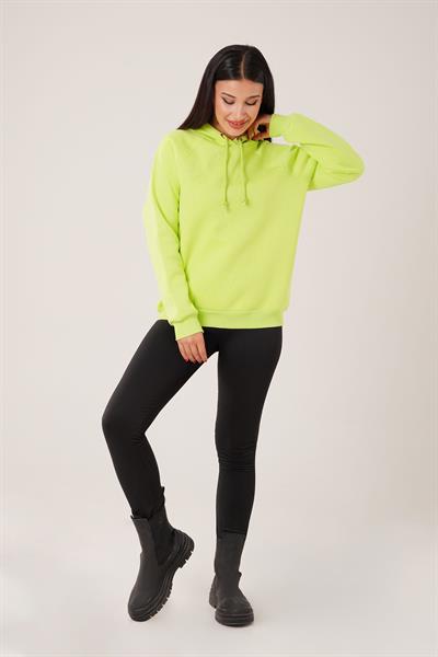 Kapüşonlu Bağcık Detaylı Neon Yeşili Sweatshirt