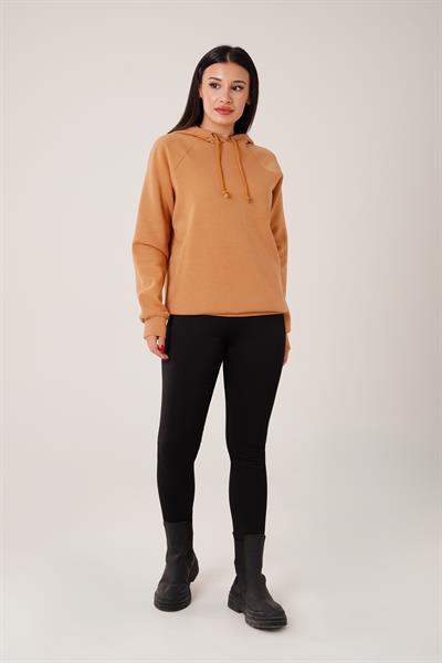 Kapüşonlu Bağcık Detaylı Camel Sweatshirt