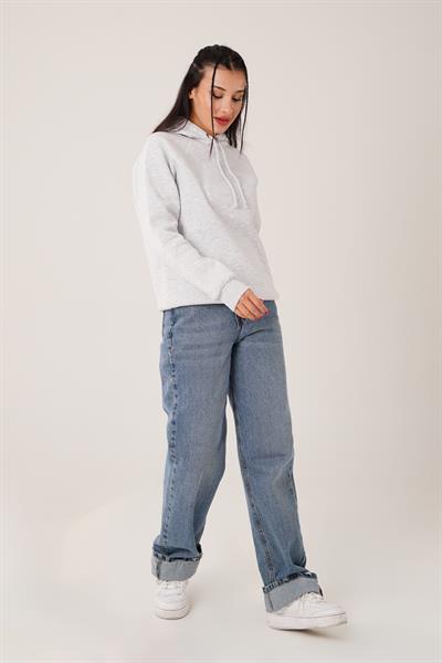 Kapüşonlu Bağcık Detaylı Gri Sweatshirt