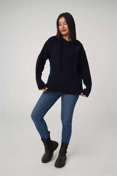 Kapüşonlu Lacivert Triko Sweatshirt Kazak