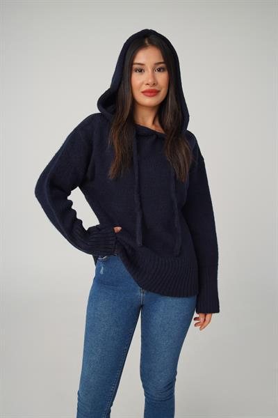 Kapüşonlu Lacivert Triko Sweatshirt Kazak