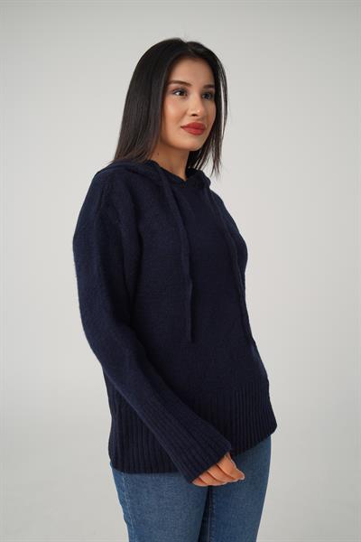 Kapüşonlu Lacivert Triko Sweatshirt Kazak