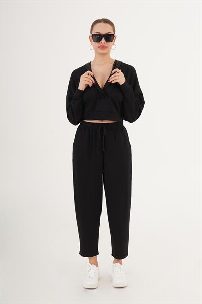 Kapüşonlu Modal Kumaş Siyah Eşofman Takımı