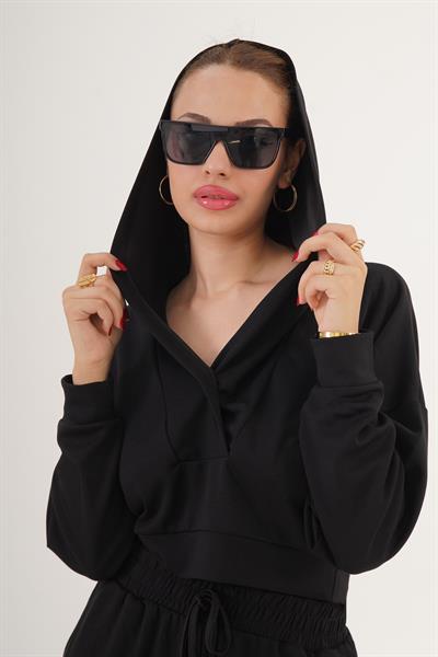 Kapüşonlu Modal Kumaş Siyah Eşofman Takımı