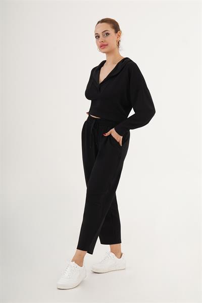 Kapüşonlu Modal Kumaş Siyah Eşofman Takımı