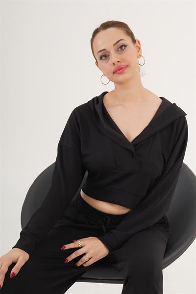 Kapüşonlu Modal Kumaş Siyah Eşofman Takımı