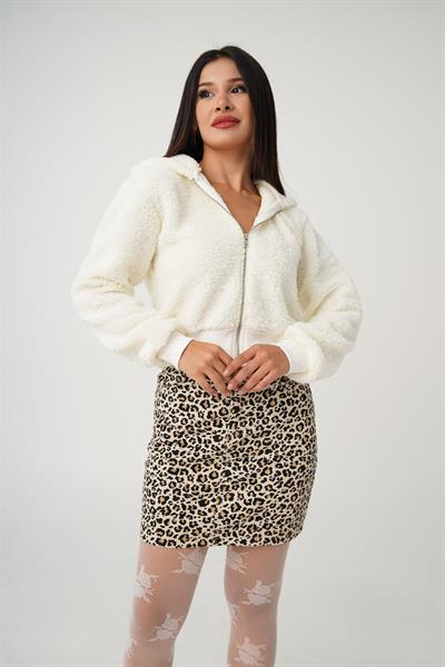 Kapüşonlu Önü Fermuarlı Teddy Ekru Ceket