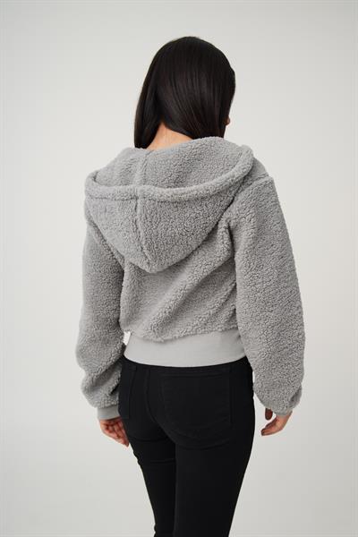 Kapüşonlu Önü Fermuarlı Teddy Gri Ceket