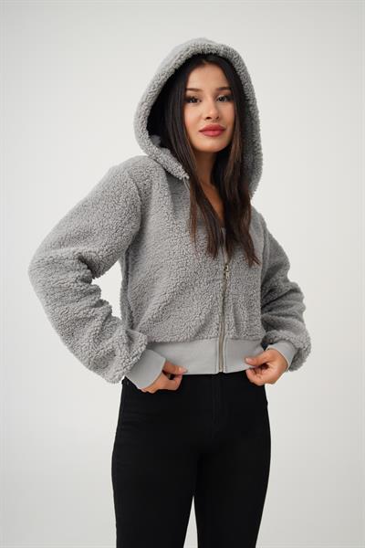 Kapüşonlu Önü Fermuarlı Teddy Gri Ceket