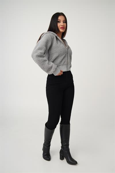 Kapüşonlu Önü Fermuarlı Teddy Gri Ceket