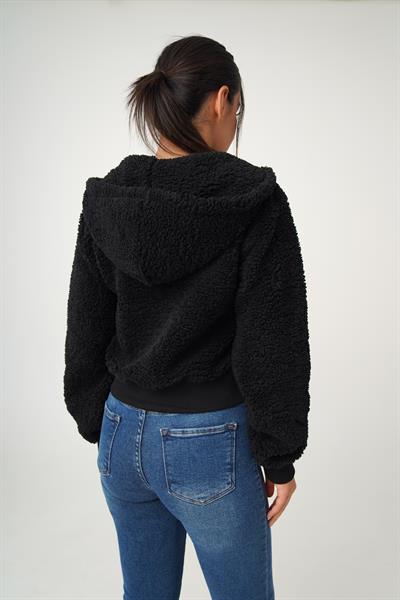 Kapüşonlu Önü Fermuarlı Teddy Siyah  Ceket