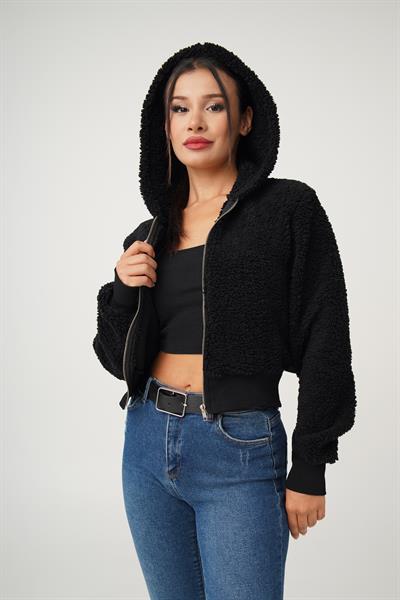 Kapüşonlu Önü Fermuarlı Teddy Siyah  Ceket
