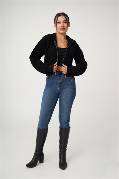 Kapüşonlu Önü Fermuarlı Teddy Siyah  Ceket