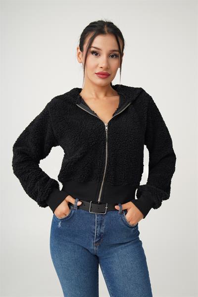 Kapüşonlu Önü Fermuarlı Teddy Siyah  Ceket