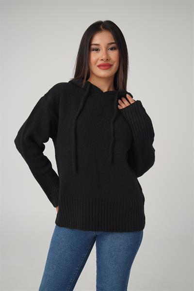 Kapüşonlu Siyah Triko Sweatshirt Kazak