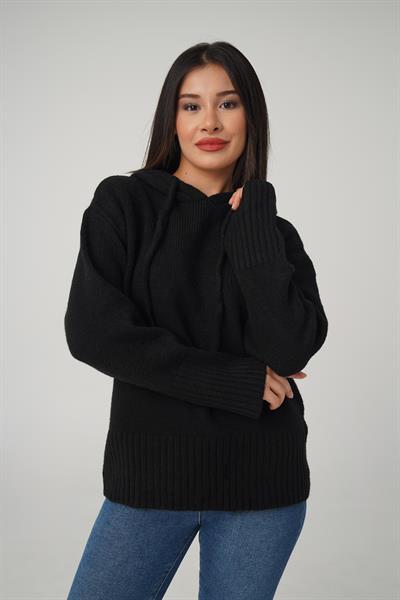 Kapüşonlu Siyah Triko Sweatshirt Kazak