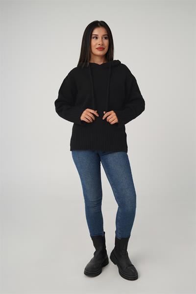 Kapüşonlu Siyah Triko Sweatshirt Kazak