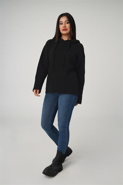 Kapüşonlu Siyah Triko Sweatshirt Kazak
