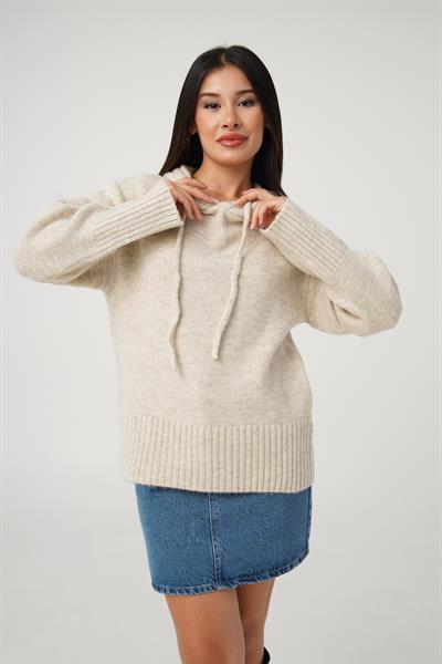 Kapüşonlu Taş Triko Sweatshirt Kazak