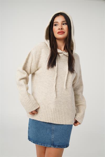 Kapüşonlu Taş Triko Sweatshirt Kazak