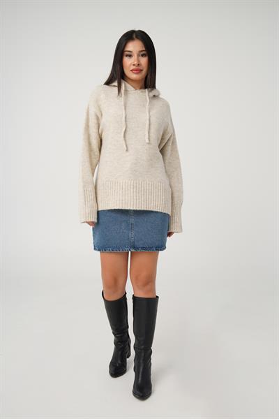 Kapüşonlu Taş Triko Sweatshirt Kazak