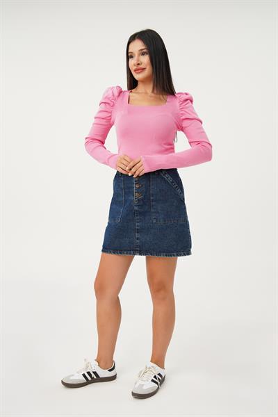 Karpuz Kol Detaylı Pembe Bluz