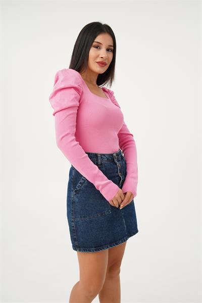 Karpuz Kol Detaylı Pembe Bluz