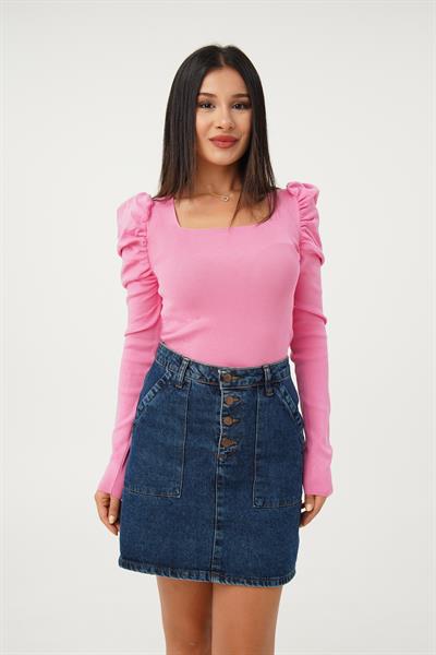 Karpuz Kol Detaylı Pembe Bluz