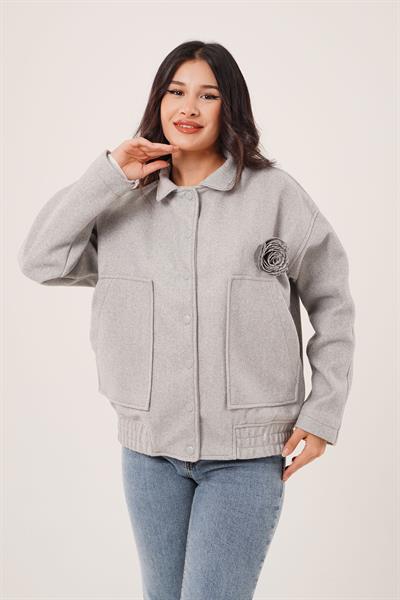 Gül Broş Detaylı Cepli Gri Kaşe Ceket