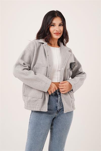 Gül Broş Detaylı Cepli Gri Kaşe Ceket