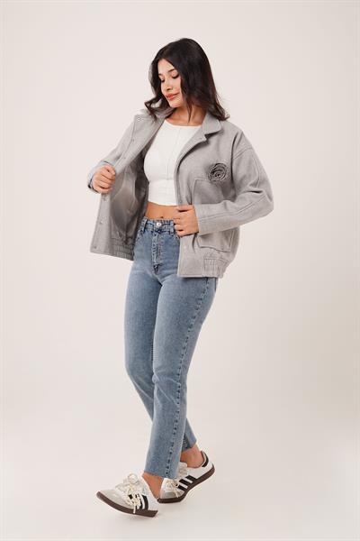 Gül Broş Detaylı Cepli Gri Kaşe Ceket