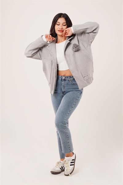 Gül Broş Detaylı Cepli Gri Kaşe Ceket