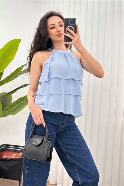 Kat Kat Fırfır Detay Kolsuz Bebe Mavisi Bluz