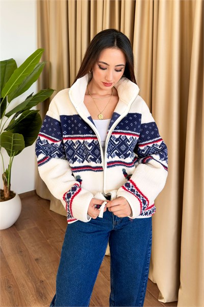 Kayak Desen Tasarım Pelüş Fermuarlı Hırka