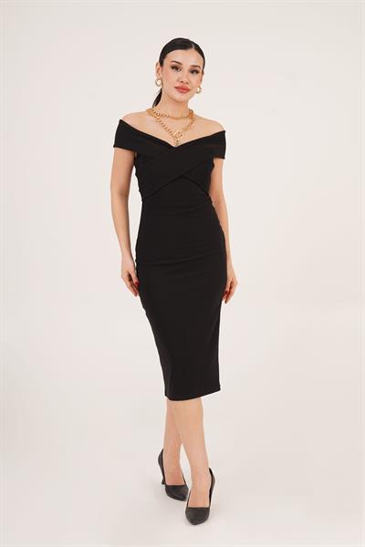 Kayık Yaka Çapraz Detaylı Fitilli Siyah Elbise
