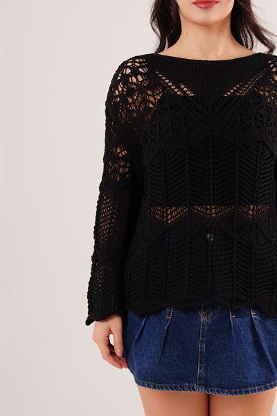 Ajurlu Salaş Siyah İnce Triko Bluz