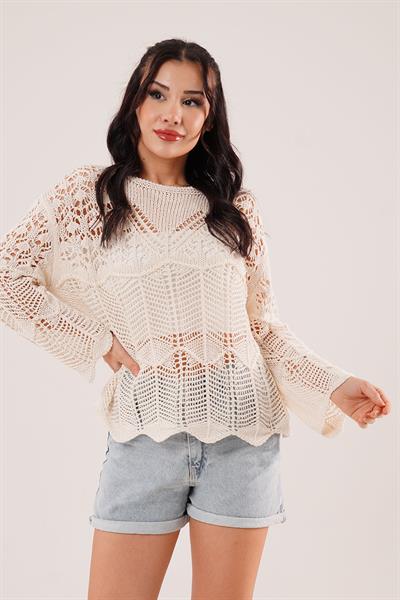 Ajurlu Salaş Bej İnce Triko Bluz