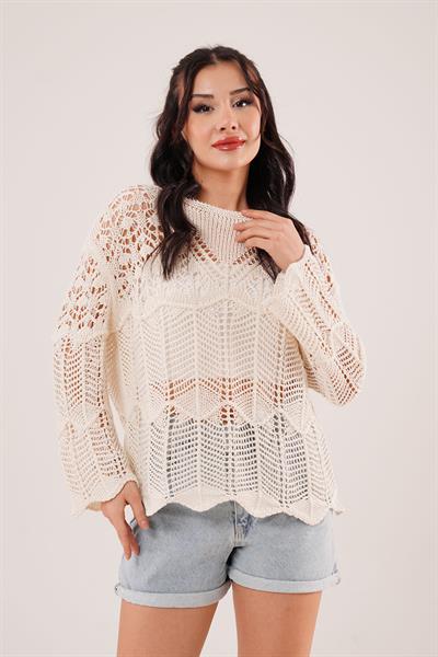Ajurlu Salaş Bej İnce Triko Bluz