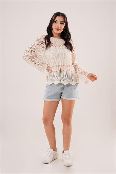 Ajurlu Salaş Bej İnce Triko Bluz